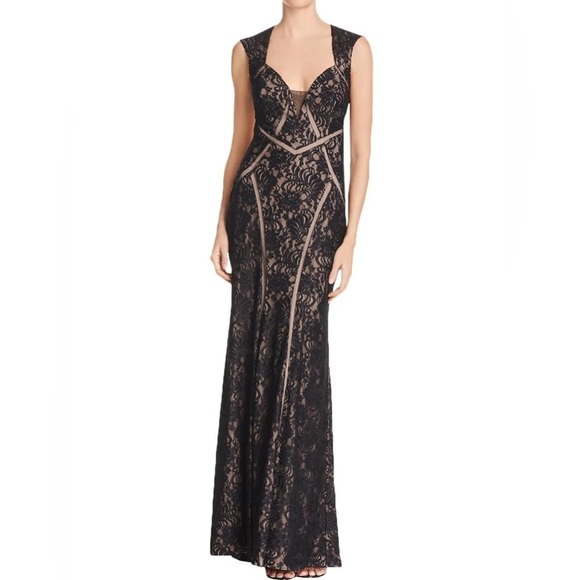 XSCAPE Black Nude Lace Illusion Gown Size 4 New with Tags XS8672 - Picture 1 of 9